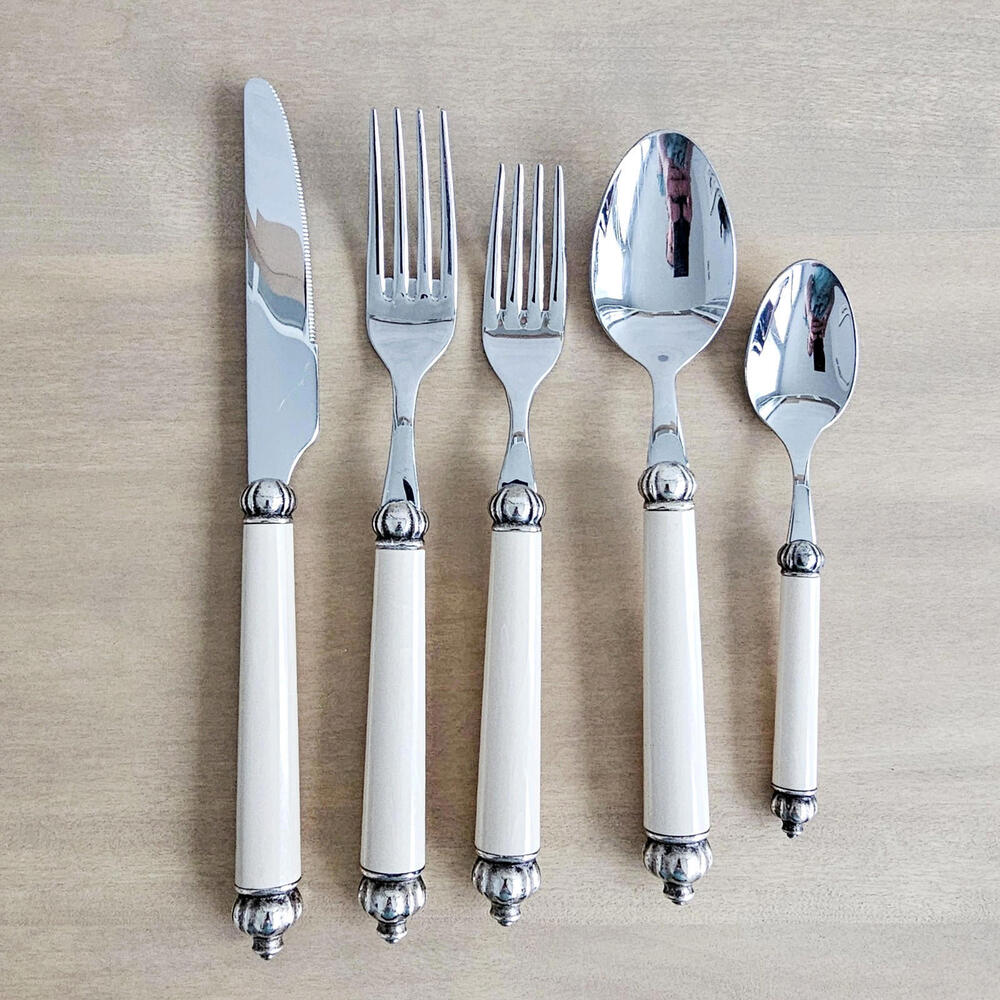 Bugatti Italy Medieval Marbleized 19 Set Ivory Stainless Spoon Fork Knife